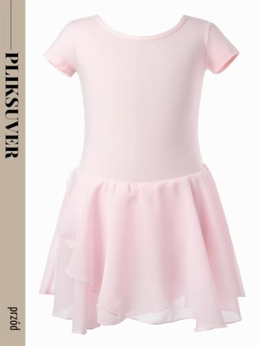 PLIKSUVER Sukienka baletowa dla dziewcząt, bawełna, trykot baletowy, krótki rękaw, sukienka do tańca, body do tańca, z szyfonową spódnicą tutu, Rosa, 110