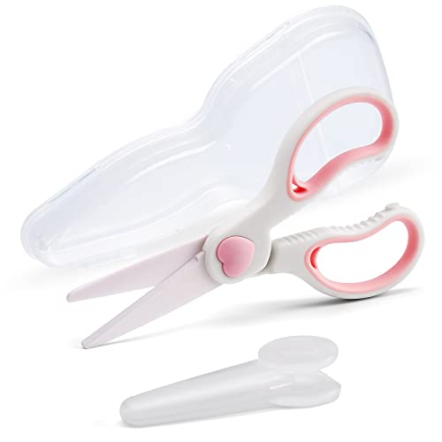 Image of Ceramic Scissors for Baby Food Cutting, Safety Healthy BPA Free Toddler Shears with Protective Blade Cover and Portable Travel Case - Pink/White