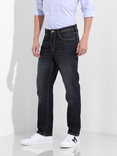 Image of The Indian Garage Co Men Slim Straight Fit Solid Mid-Rise Stretchable Jeans