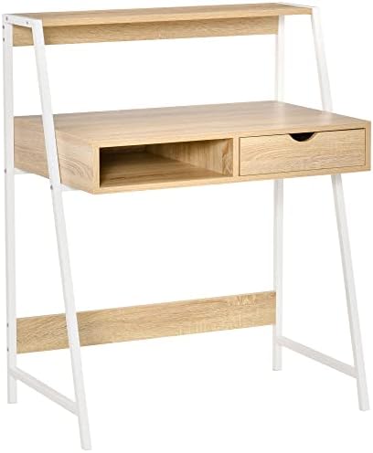 HOMCOM Home Office Desk, Computer Desk for Small Spaces, Writing Table with Drawer and Storage Shelves, Natural