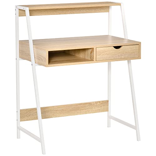 HOMCOM Bureau secrétaire Bureau Informatique Style néo-rétro tiroir Niche étagère métal Blanc, Aspect chêne Clair