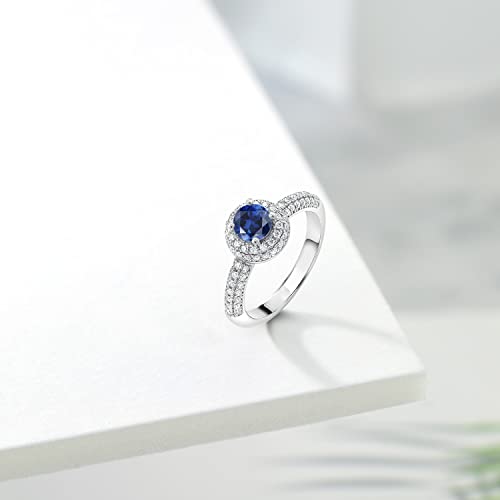 Gem Stone King 925 Sterling Silver Gemstone Birthstone and White Moissanite Halo Engagement Ring For Women | Round 5MM | Wedding Anniversary Promise Ring | Available In Size 5, 6, 7, 8, 94