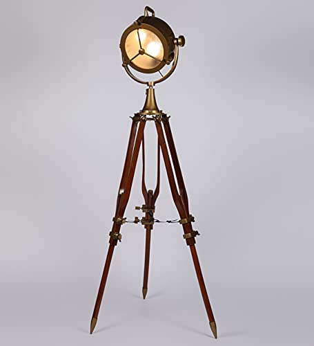Image of Wooden Tripod Spot Light Floor Lamp with Wooden Spot Light Head for Livingroom, Bedroom, Drawingroom, Reading Lamp, Spotlight (Antique)