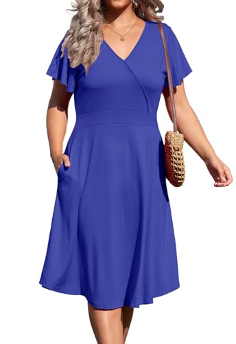 Image of Women's Plus Size Summer Dresses V Neck Ruffle Short Sleeve Casual Wrap A Line Midi Dress with Pockets