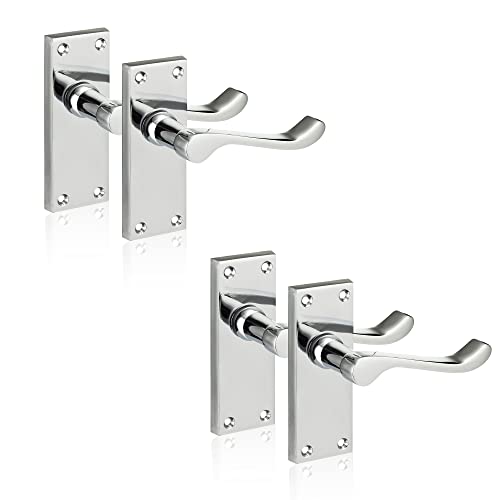 XFORT Chrome Elegance Range Polished Chrome Victorian Scroll Lever Latch Handles, Polished Chrome Backplate Door Handles, Contemporary Design for Internal Wooden Doors (2 Pairs)
