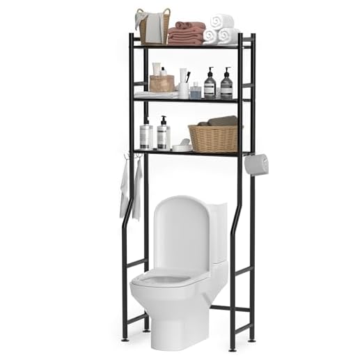 GloTika 3-Tier Over The Toilet Storage, Space Saver Metal Bathroom Shelves, Freestanding Above Over Toilet Storage Shelf with 4 Hooks for Bathroom, Black
