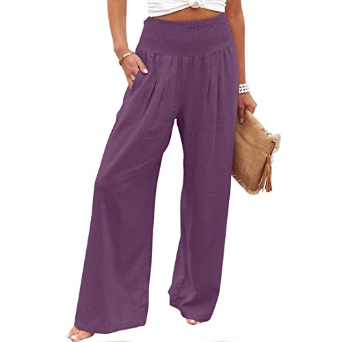 Casual Wide Leg Pants Women Summer Comfy Cotton Linen Palazzo Slack High Waisted Baggy Sweatpant with Pocket(Plus Size)