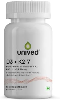 Unived D3+K2 (MK-7) | Vitamin D3 & Vitamin K2-7 (MenaquinGold) | Immunity, Heart, Muscle, & Bone Health | Plant-Based & Natural | 90 Vegan Capsules