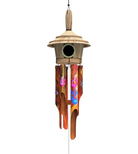 Nalulu Flory Bamboo Wind Chimes - Oustide Outdoor Wooden Windchimes with Birdhouse, Handcrafted with Calming Deep Tones, Ideal Home Decor or Gift for Him and Her