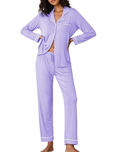 Image of Ekouaer Pajamas Women's Long Sleeve Sleepwear Soft Button Down Loungewear Pjs Lounge Set Nightwear XS-XXL