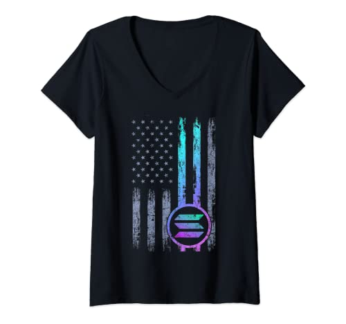 Mujer Solana Crypto Blockchain Solana Coin Bandera de Estados Unidos apenada Camiseta Cuello V