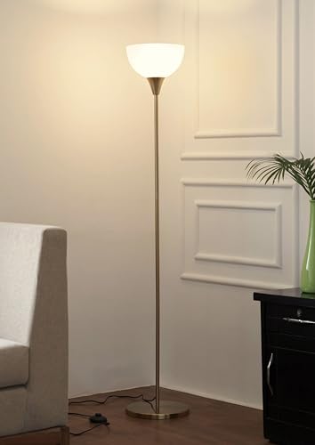 Image of Divine Trends Uplighter Brass Antique Finish Floor Lamp for Living Room with Frosted Glass Lampshade | Includes LED Warm Bulb | Hidden Wire Design | Uplight Corner Standing Lamp for Home | Pack of 1
