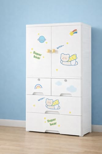 Image of Portable Collapsible Wardrobe for Kids Plastic Storage - Cloth Organizer Cupboard /Multipurpose Storage /Closet for Bedroom /Living Room /Easy to Assemble Room & Home (White-Bear)