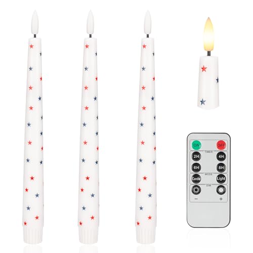Image of 4th of July Candles, Flameless Taper Candles with Remote, 9.6 inch Red White and Blue Star Candles, Real Wax Flickering Independence Flameless Candles, Patriotic Candles, Battery Candles, Set of 3