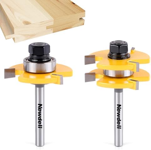 Newdeli Tongue and Groove Router Bit Set 1/4 Inch Shank - 2pcs Router Bits for 3/4" Stock, 1/2" Cutting Depth - T Shape 3 Teeth Wood Milling Cutter Woodworking Tool