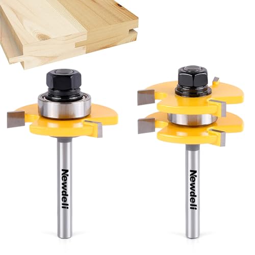 Newdeli Tongue and Groove Router Bit Set 1/4 Inch Shank - 2pcs Router Bits for 3/4 Stock 1/2 Cutting Depth - T Shape 3 Teeth Wood Milling Cutter Woodworking Tool