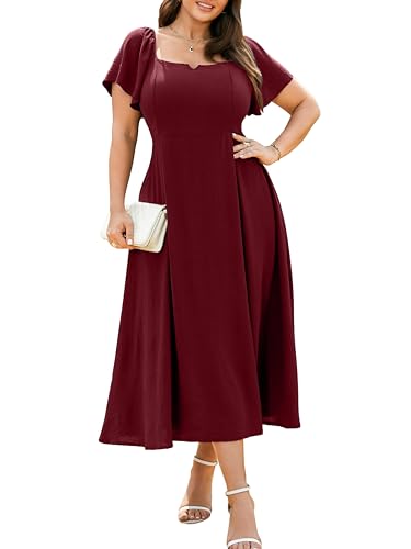 RWJ Plus Size Dresses for Women Formal Cocktail Elegant V Neck Short Sleeve Summer Wedding Guest Maxi Dress with Pockets Burgundy 3XL