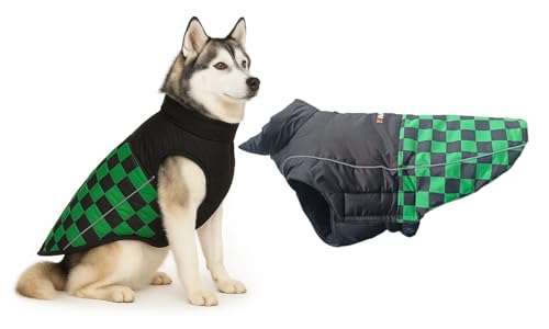 Image of The Pets Company Dog Winter Coat Jacket, Cloth, Windproof, Waterproof, Light Weight, Washable, Ultra Warm Thick Fleece Lined Dog Vest for Cold Weather Protection, (Green Check, Medium-Large-22 Inch)