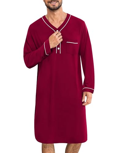 SWOMOG Men's Nightshirt Long Sleeve Nightgown Soft Loose Sleepwear Lightweight Nightwear Comfy Henley Sleep Shirt M-3XL