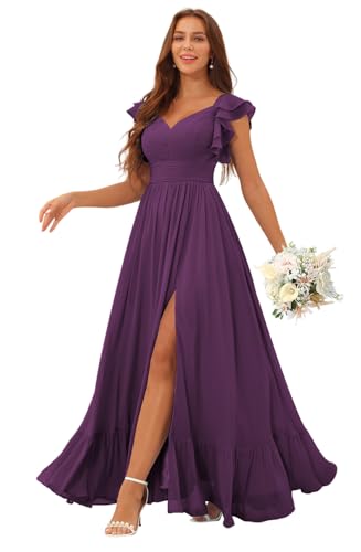 Image of Clothfun Ruffle Sleeve Elegant Bridesmaid Dresses Long Chiffon Formal Dress CYN007