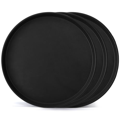 TOPZEA 3 Pack Large Restaurant Serving Tray, 18 Inch Plastic Black Round Server Tray, Non-Slip Rubber Lined Bar Drink Trays Cafeteria Buffet Food Service Trays for Coffee Table, Kitchen, Party