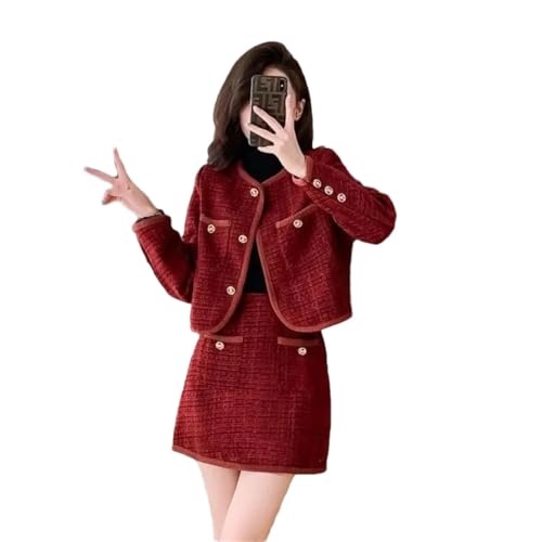 Women's Spring Short Jacket Skirt Two-Piece Elegant Look Origin Suits Red Thin Coat Skirt Suit L