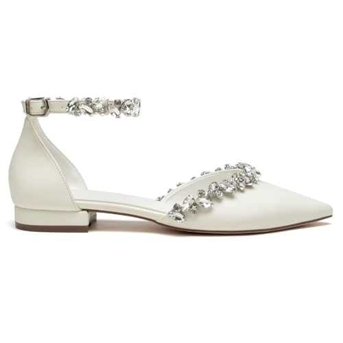 Flat Wedding Shoes for Bride Rhinestones Pointed Toe Ankle Strap Bridal Flats Women Formal Shoes4