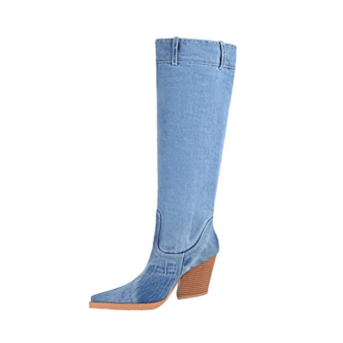 vivianly Women Denim Knee High Boots Pointy Toe Chunky Stacked Heel Cowgirl Boot Size 6.5 - image 7