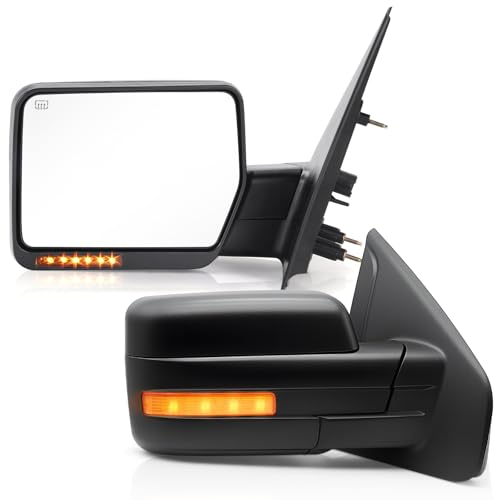 PZ Towing Mirrors Compatible with Ford F150 2007-2014 Power Heated Mirrors With Amber Signal and Puddle Light Power Adjustable Driver and Passenger Side Tow Mirrors Replacement Pair Set Black