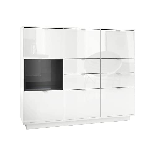 Vladon Highboard Sideboard Metro V2, Made in Germany, Korpus in Weiß Hochglanz/Fronten in Weiß Hochglanz mit Einsatz in Schwarz Hochglanz Vladon Highboard Sideboard Metro V2, Made in Germany, Korpus in Weiß Hochglanz/Fronten in Weiß Hochglanz mit Einsatz in Schwarz Hochglanz