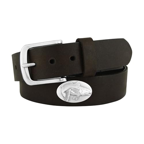 ZEP-PRO Redfish Men's Leather Belt – Brown Full Grain Pullup Strap With Fish Emblems – 1.25