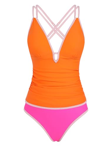 Image of ZAFUL Womens Tankini Swimsuits V Neck Push Up Swim Top Color Block Tummy Control High Waisted Bathing Suits Swim Bottom