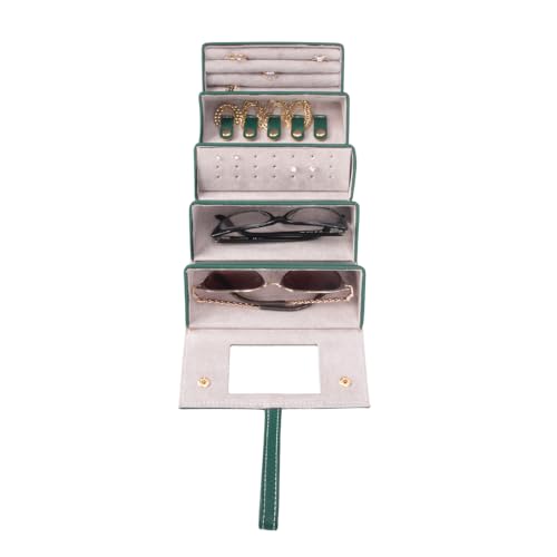 Image of Brouk & Co Leah 5 Eyewear & Jewelry Case - Pebbled Vegan Leather, Foldable Case, Snap Closure, Hanging Loop, Interior Mirror, 5 Compartments: Sunglasses and Jewelry (Green)