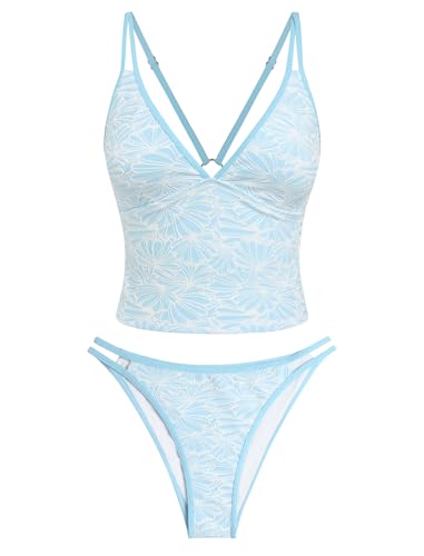 Image of ZAFUL Tankini Swimsuits for Women V Neck Dual Straps Cropped Bikini Swimsuit High Cut 2 Pieces Bathing Suit