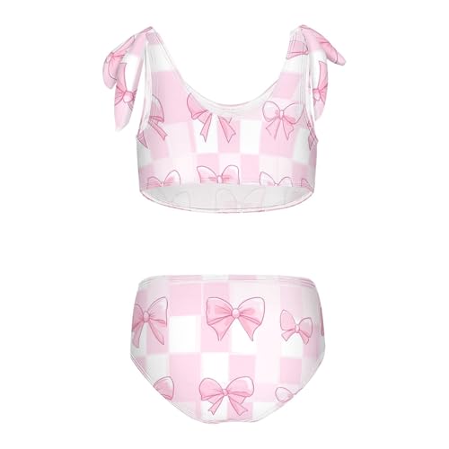 Plaaee Girls' 2 Piece Swimsuits Pink Bows Checkered Cute Bikini Set Bathing Suit 4T2