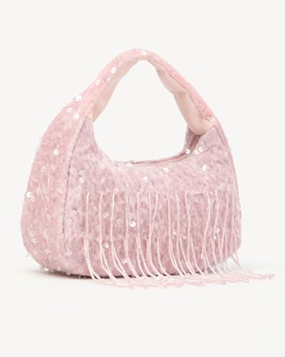 Image of NEWBELLA Women's Sequin Fringe Hobo Evening Bag - Sparkly Shoulder Purse for Cocktail Party, Date Night, Wedding & Special Occasions (Light Pink)