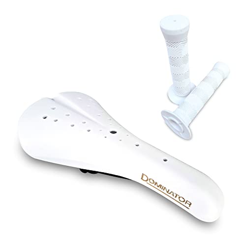 CYCLEZ Dominator BMX Seat White Old School BMX Bicycle Saddle with One Pair 145mm BMX Flange Grips Bundle Kit