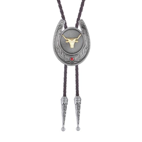 Image of Jeilwiy Bolo Tie for Men, Western Cowboy Golden Longhorn Bull Eagle Horse Cowboy Hat Bolo Necklace Leather Necktie for Women