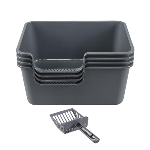 Set de 4 areneros para gato con pared alta y pala, gris miniatura 7