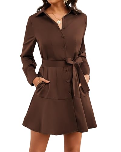 Image of Women's Long Sleeve Button Up Midi Belt Shift Collar Dress with Pockets for Work Office Business