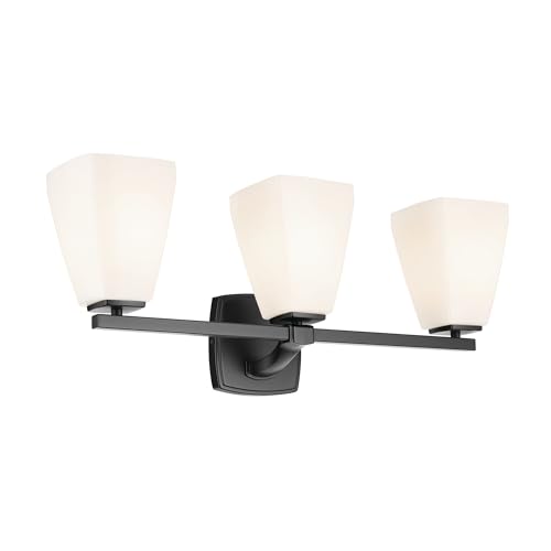 Image of Kichler Marant 21.25 inch 3-Light Bathroom Vanity Light Fixture with Opal Glass in Black, Modern Wall Mount Lighting for Powder Room Over Mirror (21.25 inch W x 9.5 inch H), 55216BK