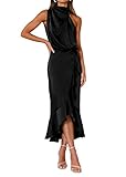 KIRUNDO Women 2025 Summer Fall Satin Mock Neck Wedding Guest Party Cocktail Midi Dress Sleeveless Wrap Ruffle Formal Dresses(Black, Small)
