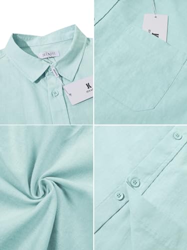 JEKAOYI Button Down Linen Shirts for Men Casual Long Sleeve Regular Fit Cotton Beach Shirts with Pocket Mint Blue