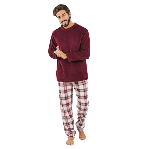 TRAMAS+ Pijama Coralina de Hombre Otoño-Invierno de Manga Larga Polar Calentito Super Suave, Conjunto de Pijama Súper Cómodo para Dormir y Estar en Casa - (L, Cuadro Galindo Burdeos)
