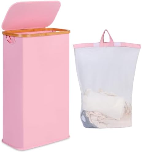 Pink laundry or storage basket next to dresser