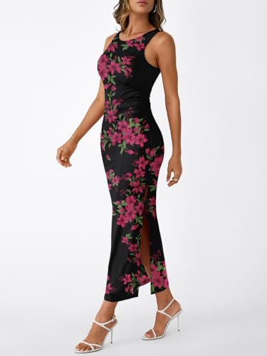 Image of Trendy Queen Bodycon Maxi Dress Womens Sleeveless Floral Print Fitted Party Club Ruched Dresses with Side Slit