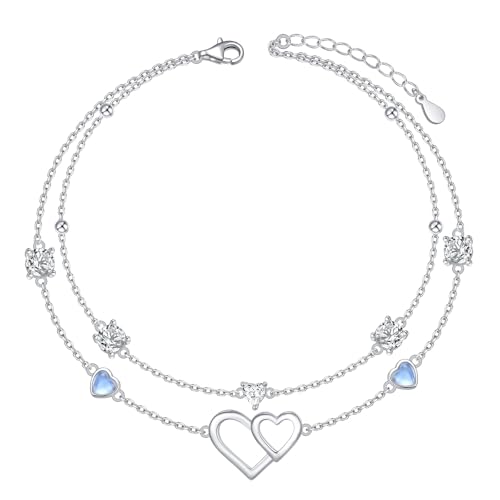 Image of S925 Ankle Bracelet for Women Heart Multilayer Anklets Dainty Beaded Chain Adjustable 9+1 Summer Cute Beach Foot Jewelry