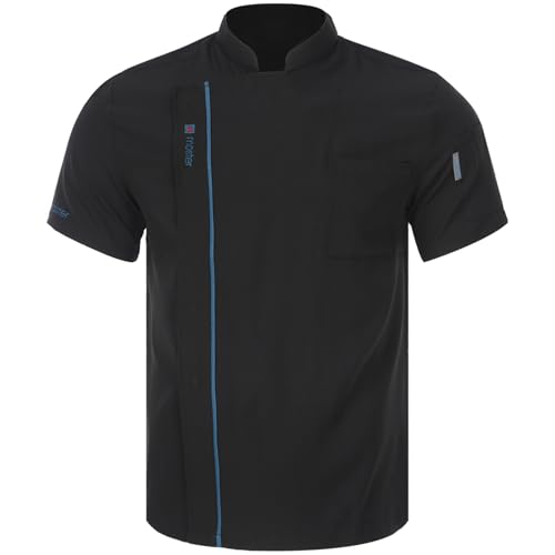 YEAHDOR Chef Shirt Short Sleeve Snaps Button Chef Jacket Uniform Workwear for Men Women Kitchen Bakery Catering Hotel Black Large