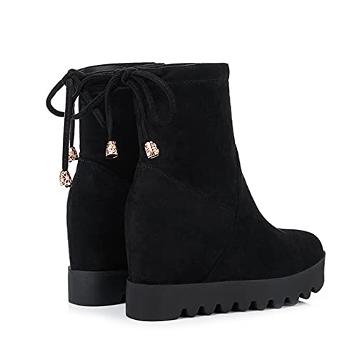 VOKLIN Women's Casual Round Toe Hidden Wedge Dress Ankle Boots Suede Lace Up Chunky High Heel Short Booties3