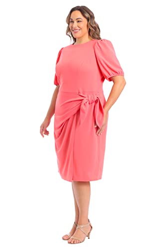 London Times Women's Plus Size Puff Sleeve Side Tie Faux Wrap Crepe Dress Career Wear to Work Desk to Dinner Guest of2